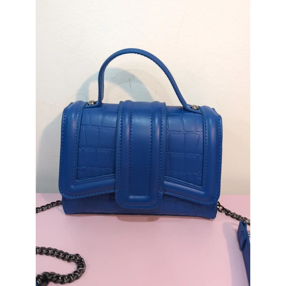 Royal Blue Embossed Small Crossbody Bag w/Chain Strap Top Handle Coquette Y2K
